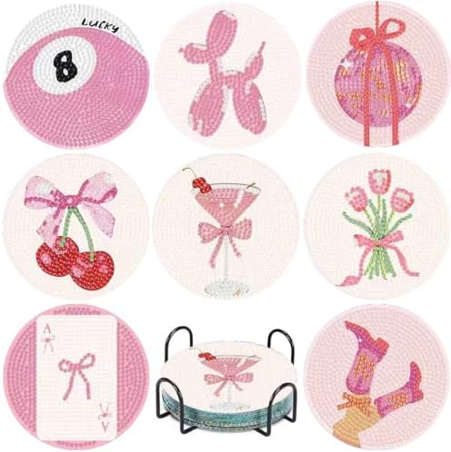 8 Pcs Pink Disco Diamond Art Coasters Kits, Diamond Painting Coasters Kits