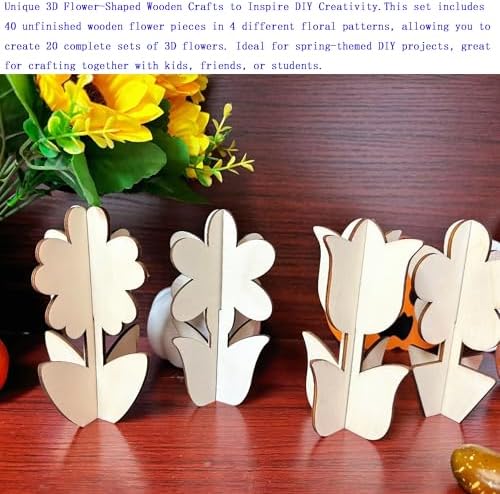 40PCS 3D Unfinished Blank Flower Wooden Cutouts Craft for Kids | Spring Tulip for Children's Painting DIY Room Decoration Gift Giving Surprise (40Flower)