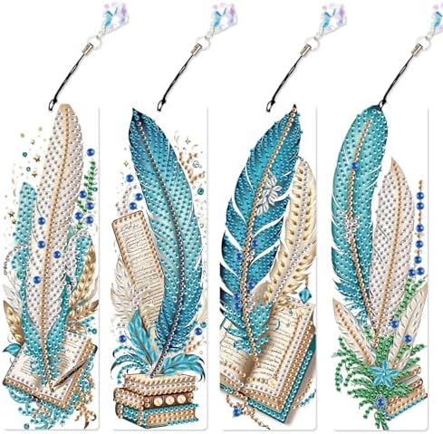 4-Pack 5D Diamond Painting Bookmarks Kit, Peacock Feather DIY Diamond Art Bookmarks with Rhinestones and Tassels, Creative Bookmark Making Set for Adults, Gift for Book Lovers