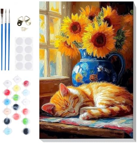 Bowetile Framed Paint by Numbers Cat Kit for Adults, Adults' Paint-by-Number Kits on Canvas, Painting by Numbers Sunflower, DIY Acrylic Number Painting for Home Wall Decor, 8x12in