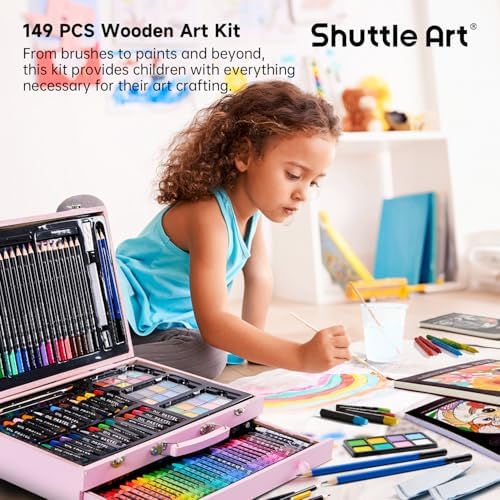 Shuttle Art 149 Piece Deluxe Art Set, Art Supplies in Wooden Case, Painting Drawing Art Kit with Crayons Colored Pencils Oil Pastels Coloring Book Sketch Pad for Kids Adults