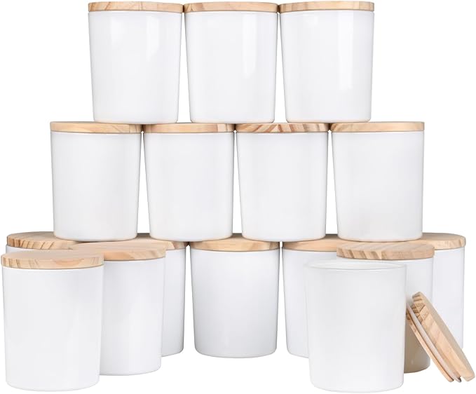 SHOWIN Thick Candle Jars for Making Candles 16 Pcs, 7 OZ Empty Jars with Wood Lids for Candle Making, Sample Container, Glossy White