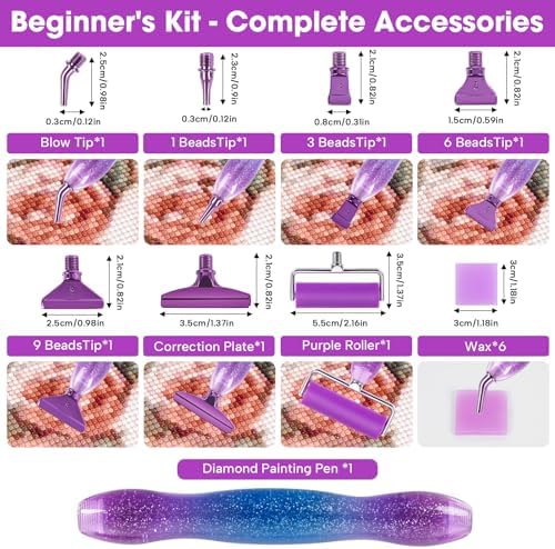 Ergonomic Diamond Painting Art Pen Accessories Kits with 6 Metal Tips, 6 Painting Glue Clay, Roller,Multi Placer Tips for DIY Crafts