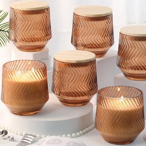 6 Pcs 13.5 OZ Terracotta Large Candle Jars for Making Candles, Ribbed Unique Candle Jars, Glass Jars with Wooden Lids and Labels for Candle Making Supplies, Container, Gift