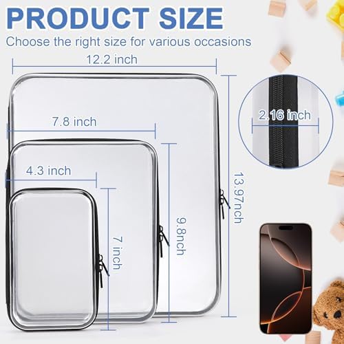 YOPCDJ 3 Pack Clear Hard Shell Zipper Case, Clear Zipper Pouches Waterproof Makeup Organizer & Travel Toiletry Bag, Plastic Pouch for Travel Office Storage, Black 3 Pack XLLS