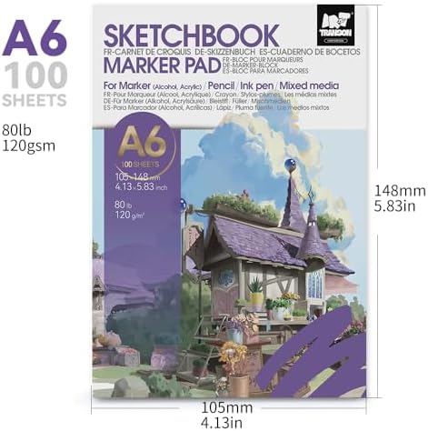 TRANSON A6 Mini Sketchbook Marker Pad, 80lb/120gsm Heavyweight Art Paper, No Bleed Through, 100 Sheets/200 Pages 4.13"x5.83" for Drawing & Sketching