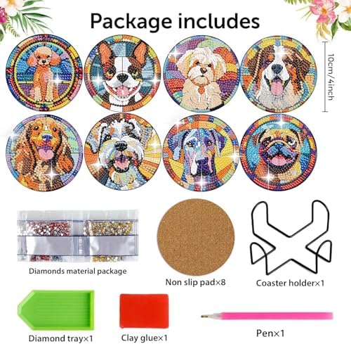 Zythron 8 Pack Dog Diamond Art Coasters,Diamond Painting Coasters Kits