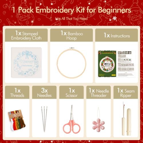 wtisan Christmas Embroidery Kit, Cross Stitch Kits for Beginners, Needlepoint with All Tools & Instructions, Stamped Hand Embroidery Starter Kit for Holiday Crafts & Xmas Home Decor, W19