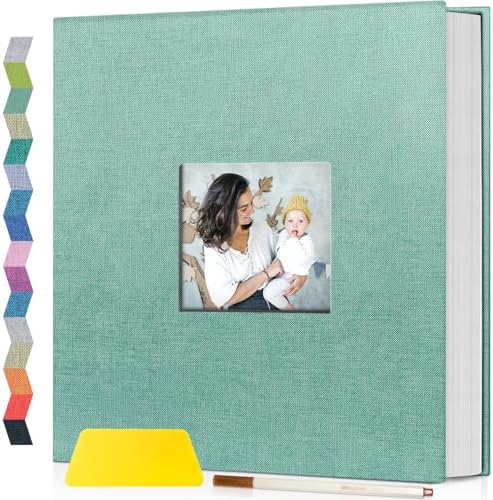 Popotop Photo Album Self Adhesive with Picture Display Window,60 Pages DIY Scrapbooking Supplies Kit for 4x6 8x10 Picture,Linen Cover Memory Book for Baby Wedding, with Scraper and Metallic Pen