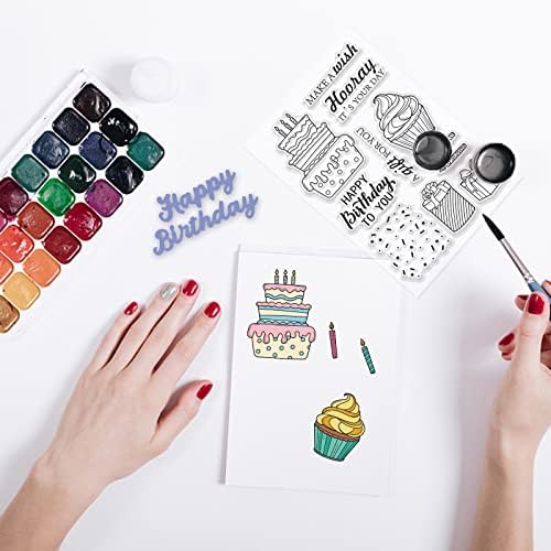 INFUNLY Happy Birthday Stamp and Die for Card Making Congratulation Die Cut Cake Silicone Stamp Metal Die Cuts Candles Banner Transparent Rubber Stamps for DIY Scrapbooking Paper Photo Album Decor