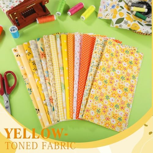 HunnmingRe 20 Pcs 10''x10'' Yellow Flower Quilting Fabric Square Spring Floral Precuts Quilted Fabric Bundle Plaid Polka Dot Stripes Printed Sewing Material for Summer Patchwork DIY Craft Supplies