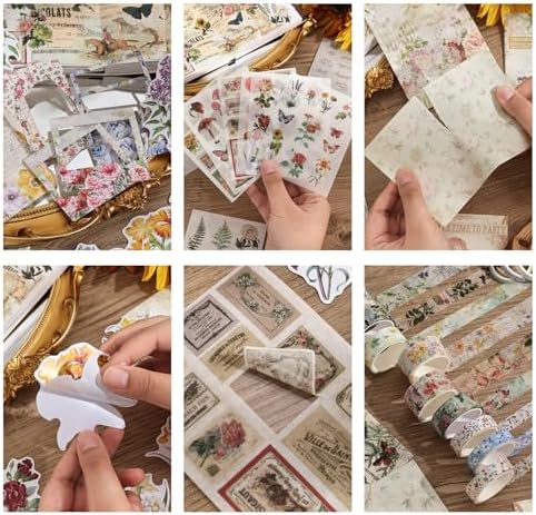 Vintage Botanical Scrapbooking Supplies Kit, Aesthetic Flower Scrapbook Kit for Bullet Junk Journal, 12 Rolls Washi Tape, Stickers Papers for DIY Journaling Supplies, Craft Gift for Girl Women