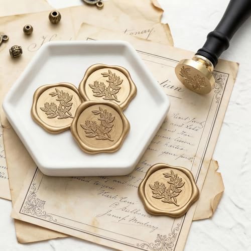 UNIQOOO Eucalyptus Wax Seal Stamp with Wooden Handle, Floral Botanical Theme Vintage Brass Stamp for Wedding Invitation, DIY, Gift Wrap, Envelopes, Christmas Card