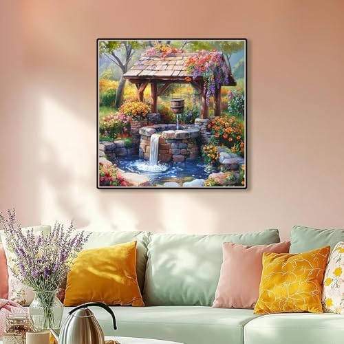 GEWOUVIN Garden Well Diamond Art Kits for Adults,Diamond Painting Kits for Adults Beginners, DIY Full 5D Round Drill Gem Art Kits for Gift Home Wall Decor【13.8x13.8inch】