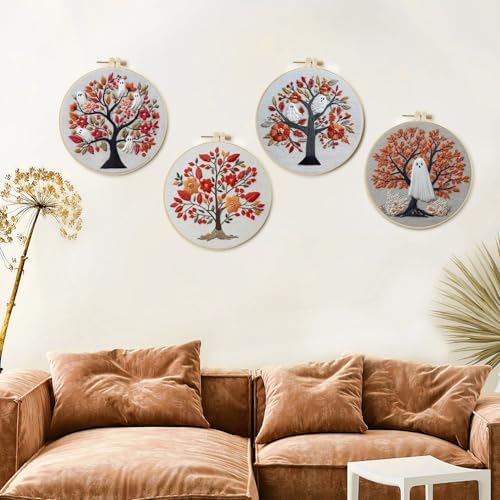 LB 4-Pack Halloween Ghost Embroidery Kit for Beginners: Orange Fall Tree Cross Stitch Kit | Adults DIY Starter Kit Includes Embroidery Hoop, Colorful Threads, Tools and Instructions