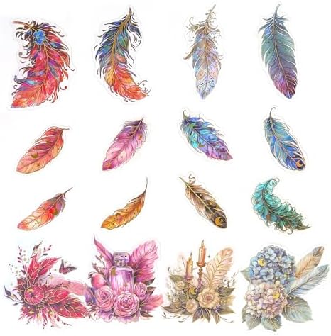 Ychsring Sparkly Fantasy Feather Stickers - 30 Pcs Clear PET Glitter Magic Floral Stickers for Scrapbook, Journal, Junk Journal, Collage - Holographic Transparent for Resin, Craft, Scrapbook Supplies
