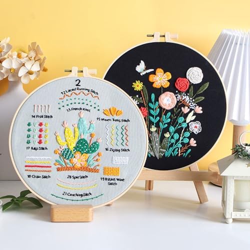 Ohcol Embroidery Kit for Beginners, 4 Floral Patterns, Learn 33 Stitches, Pre-Printed Fabric, Hoop, Colored Threads and Needles, Easy Video Guide, DIY Hand Sewing Gift for Adults and Teens