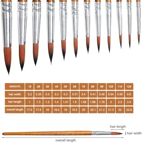 12Pcs Artist Watercolor Paint Brushes Round Pointed Tip Paint Brushes Different Sizes Paint Brush Set for Water Color Acrylics Ink Oil Gouache Tempera