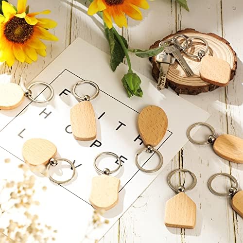 Cunno 20 Pcs Wood Keychain Blanks Unfinished Key Ring, Assorted Shapes