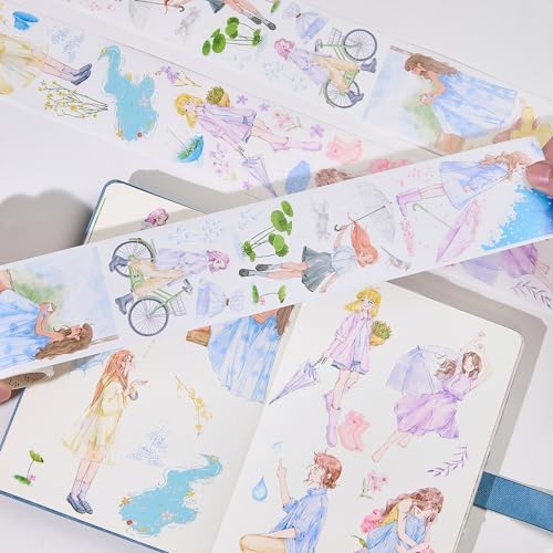 WT Pre-Cut Morning Dew Wide Washi Tape, Single Roll, Original Rainy Day Illustration Designs, Decorative Japanese Paper Tape for Journaling, Scrapbooking, Planner & DIY Crafts, 65mm×5m