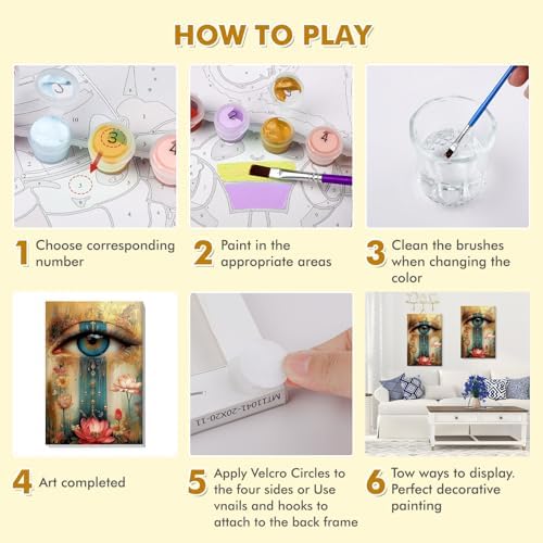 Bowetile Framed Paint by Numbers Eye Kit for Adults Beginners, Adults' Paint-by-Number Kits on Canvas, Painting by Numbers Lotus, Acrylic Vintage Number Painting for Home Wall Decor, 8x12in