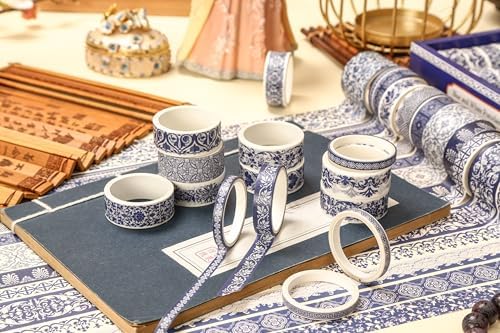 Blue & White Porcelain Washi Tape Set, Traditional Chinese Ceramic Pattern Decorative Masking Tapes, Oriental Art for Craft, Scrapbook, DIY, Gift Wrapping (1-Porcelain Grace/20 Rolls)