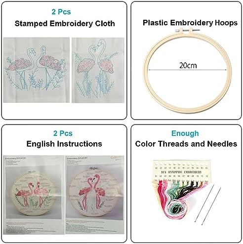 Konrisa Flamingo Embroidery Kit for Beginners with Pattern Floral Stamped Full Range of Embroidery Starter Kit for Adults Cross Stitch Kit with Embroidery Cloth, Hoops, Color Thread and Tools,Set of 2