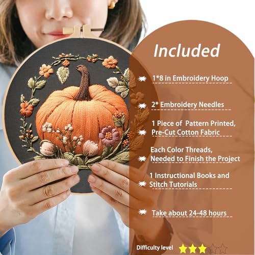 FONNUY Pumpkin Embroidery Kit for Beginners, Pre-Stamped Pattern Kits for Adults with Hoop, Easy to Follow Color Thread Needlework, 8'' Hoop (Orange)