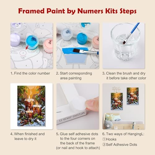 MOGTAA Christmas Paint by Numbers Kit for Adults Beginners with Frame, Christmas Candle Adult Paint by Number Kits on Canvas with Easel, Easy DIY Winter Oil Painting Kits for Home Decor, 8x12in