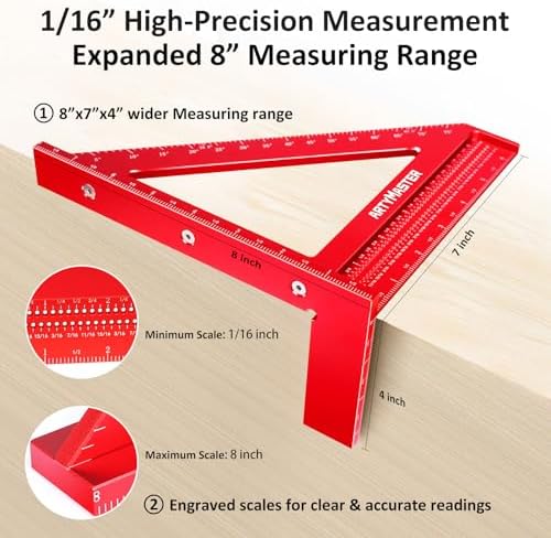8 inch 3D Multi-Angle Measuring Square Ruler, WT103B High Precision Hole Scribing Woodworking Tools, 0-90° Aluminum Alloy Carpenter Square Wood Working Tools, Carpenter Pencils 6 Refills.