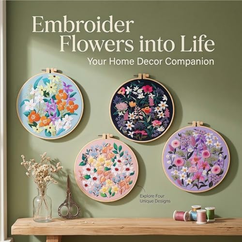Harimau Adult Beginner Embroidery Starter Kit, Complete Set with 4 Patterns, 2 Hoops, Needles, Scissors, Instruction Guide & Stitching Video Tutorials