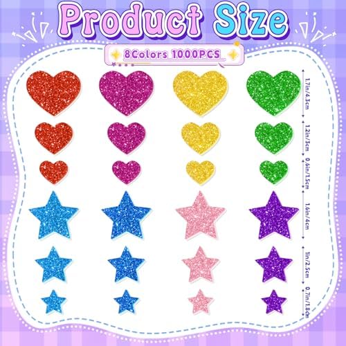 1000 PCS Glitter Foam Stickers, Foam Heart and Star Stickers, 8 Colors