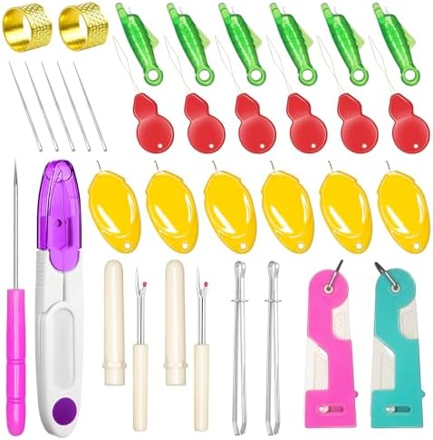 Lechchy 33 Pcs Sewing Tool Kit - with Automatic Needle Threader/Fish Mouth Easy Threader/Gourd and Thumb Shaped Simple Threader/Seam Rippers/Thread Snips/Drawstring Threaders/Awl/Thimbles/Needles