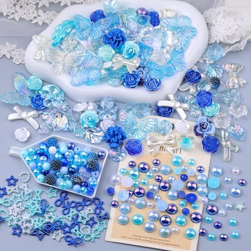 350 Pieces 3D Resin ABS Colorful Rose Flower Bows Butterfly Charms with Flatback Half Round Pearl Beads for Bracelet Earring Necklace Craft DIY Making Supplies
