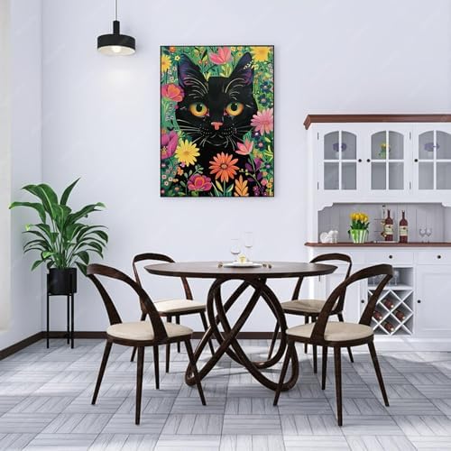 Black Cat Diamond Art Kits for Adults, 5D Wild Flower Cat Diamond Painting
