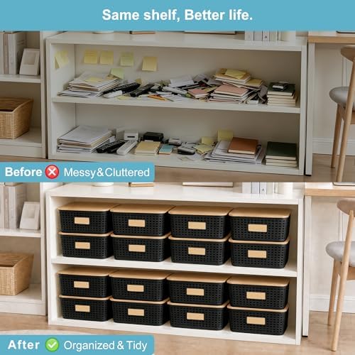 Bagnizer 4 Pack Plastic Storage Bins with Bamboo Lids, 6.2qt Stackable Storage Organizer Box with Lable for Pantry Shelves Drawers Desktop Office, 12"L x 8.3"W x 3.5"H, Black