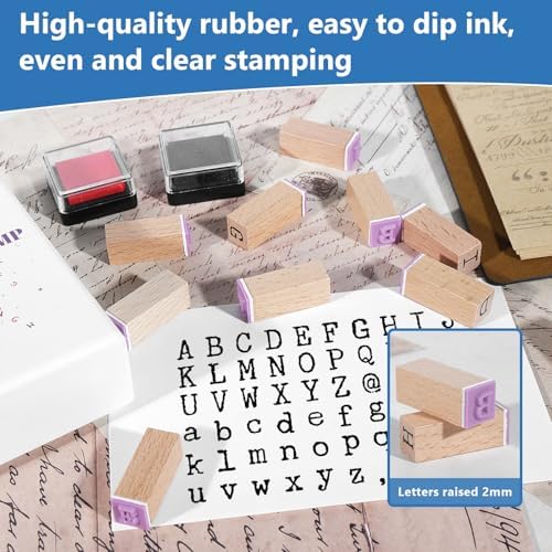 CraftyManor 61 PCS Small Letter Stamps and Ink Pad for Crafting, Clay Alphabet Wooden Rubber Stamp Kit, DIY Craft Scrapbook Supplies for Card Making (Small-63PCS)
