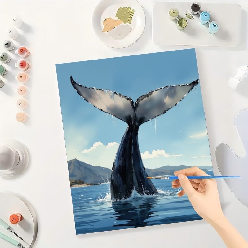 ENTORLAB Ocean Whale Dive Paint by Numbers Kit for Adults - DIY Whale Tail Above Sea Painting on Canvas 16X20IN Framed, Acrylic Paint Set, Suitable for Beginners, Art for Home Decoration or Gifts