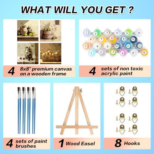 4 Pack Framed Retro Paint by Numbers Kits for Adults with Easel (8x8in)