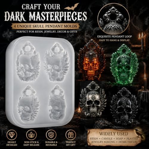 4 Cavity Winged Embossed Skull Pendant Silicone Mold with Hanging Hole, Gothic Epoxy Resin Casting Mould for DIY Necklace Charm Halloween Christmas Jewelry Making (KL03)
