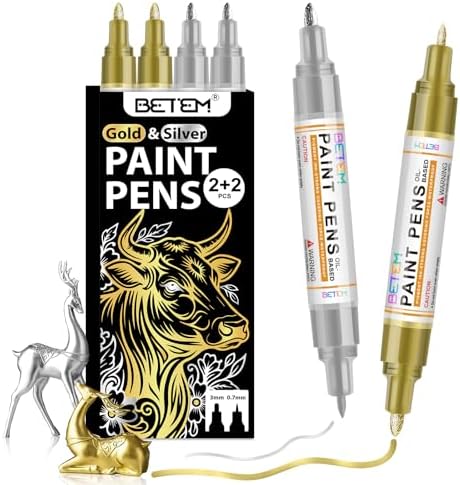 Betem 4 Gold Silver Oil Based Paint Pens, Permanent Fabric Paint Markers
