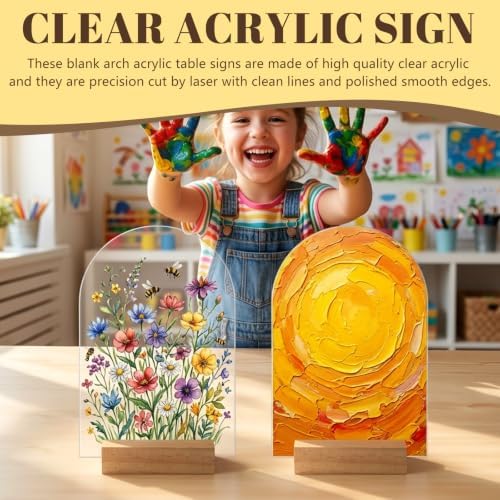 Bercoor 15 Pack 4x6 Inch Blank Clear Arch Acrylic Sign with Wooden Stands, Arched Round Top Acrylic Sheet, DIY Acrylic Arch Table Numbers for DIY Name Card Gifts Event Party Sign Decoration