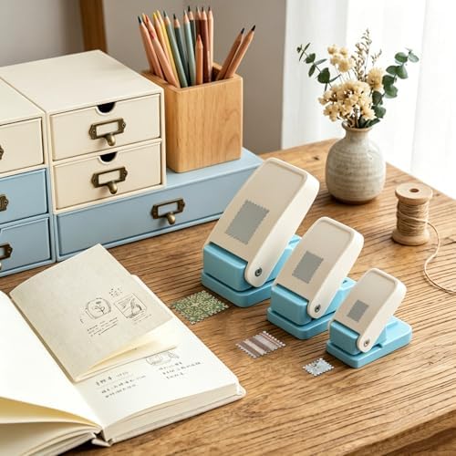 3Pcs Stamp Punch, Rectangle Postage Stamp Shape Punch, 1.5X1.25inch, 1X0.8inch, 0.66X0.53 inch Stamp Puncher, Lever Craft Hole Cutter Paper Punches for Crafting DIY Scrapbooking Card Making Journaling