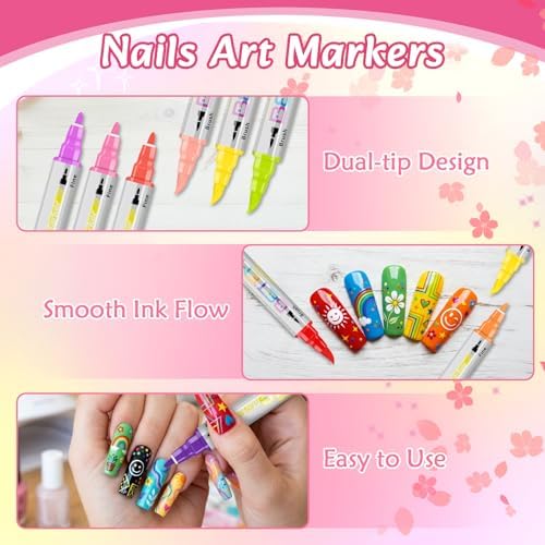 Betem Nail Art Pens Set, Dual Tip 24 Colors Nails Art Markers Non-Toxic, Quick-drying Nail Polish Pens, Acrylic Nail Kit for Home & Salon DIY, Easy French Manicure Tool, Gifts for Mom, Friends