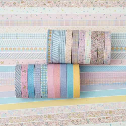Vintage Washi Tape Set 20 Rolls Skinny Retro Decorative Antique Patterns Masking Tapes for Arts, DIY Crafts, Journals, Planners, Scrapbook, Wrapping (Kawaii)