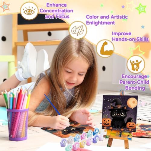 4 Pack Halloween Paint by Numbers Kit for Kids with Frame (Cat, 8x8 inch)