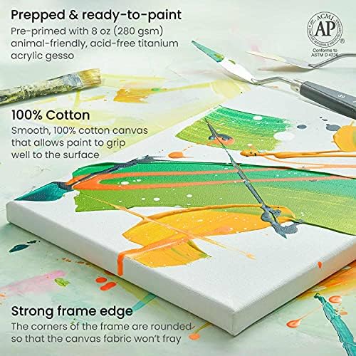 ARTEZA Stretched Canvas Multipack of 10 – 4x4, 5x7, 8x10, 9x12, 11x14 Inch Blank White Canvases for Acrylic, Oil, Gouache – Cotton, Pre-Primed | 4 x 4, 5 x 7, 8 x 10, 9 x 12 and 11 x 14 in, 100% Cotton, Pinewood Bars, 8 oz Acid-Free Acrylic Gesso