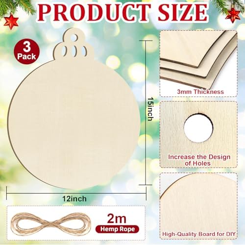 Large Size 12" Wooden Ball Ornaments to Paint, Wooden DIY Bell Blank Unfinished Christmas Door Sign Wreath Door Hanging Sign Plaque Crafts Hanging Winter New Year Decorations 3PCS
