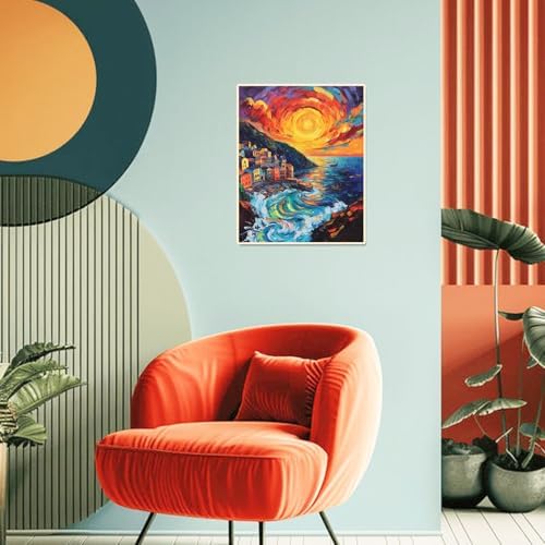 Sunset Paint by Numbers Kit for Adults Beginner Cinque Terre Italy Oil Painting Kit Adult Paint by Number Kits on Canvas DIY Painting for Beginners Art by Numbers for Gifts Home Wall Decor 16x20 Inch﻿