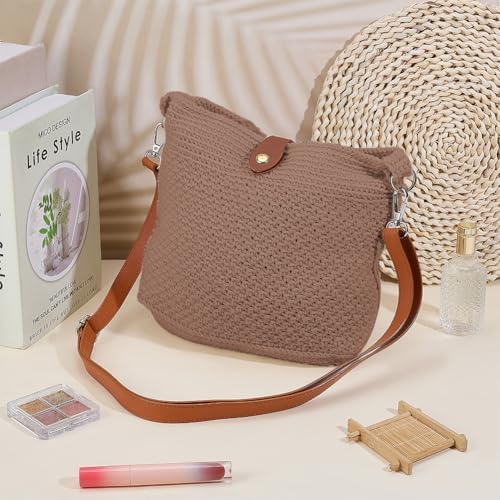 ACRNIGHEET Crochet Bag Kit for Beginners Crochet Purse for Women DIY Tote Bag Making Kit with Step-by-Step Tutorials Knitting Supplies for Adults Crafts Autumn Winter Boho Gift Idea (Khaki)